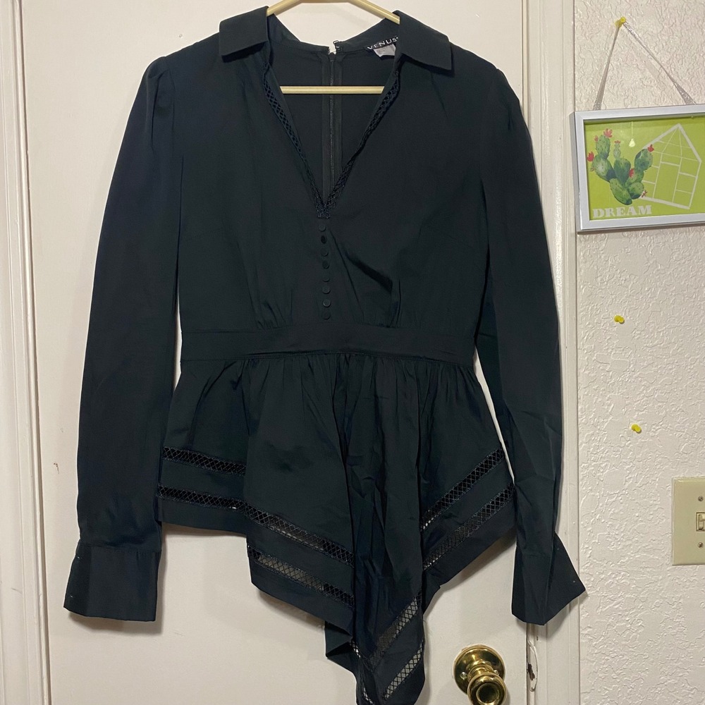 Venus Black Gothcore Renaissance Peplum Top Button Down Asymmetric Hem Blouse
